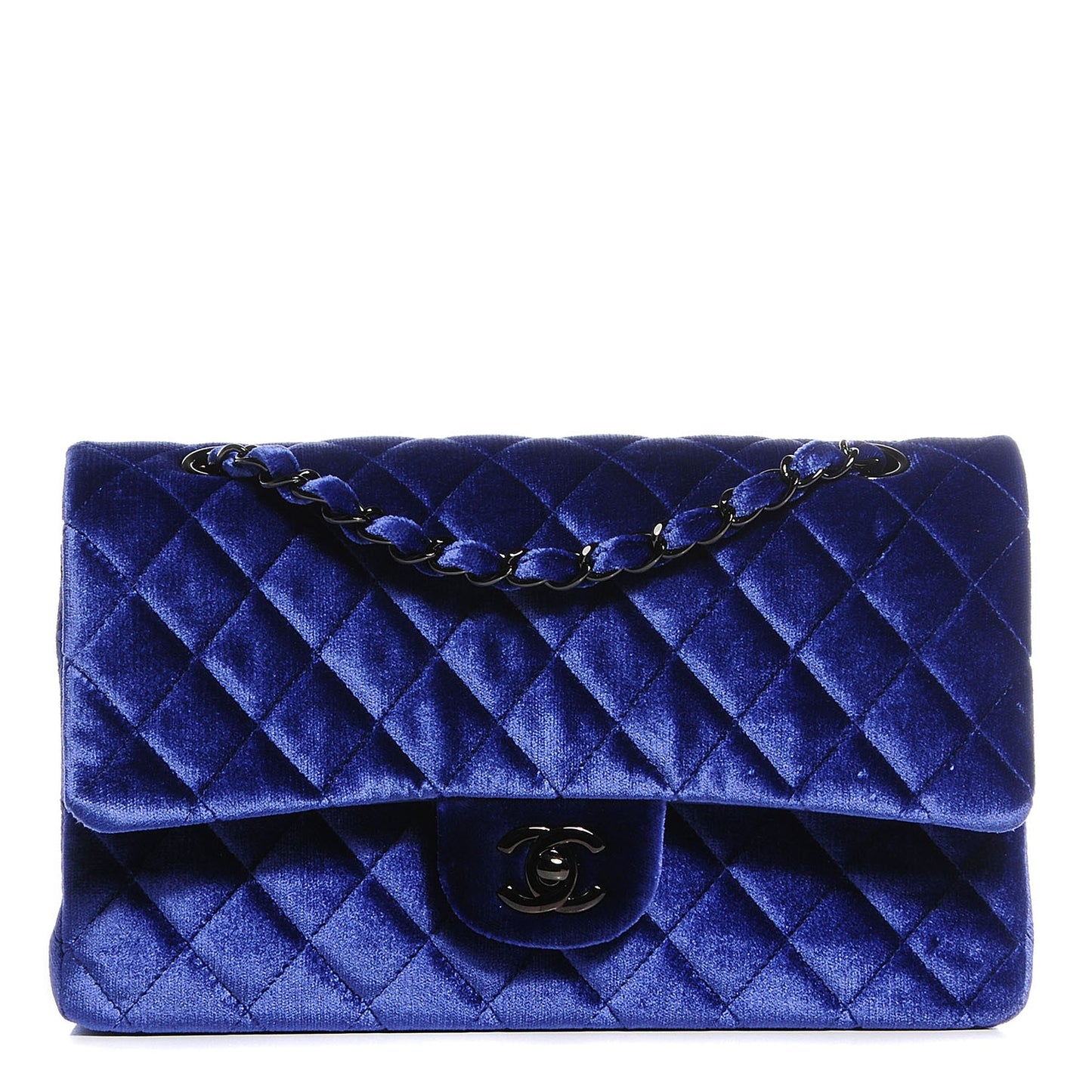 Velvet Quilted Medium Double Flap Dark Blue