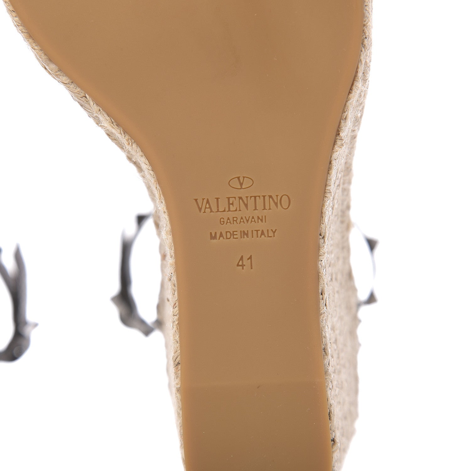 Valentino Garavani Metallic Grained Calfskin Rockstud Ankle Strap Espadrille 15/105mm Wedge Sandals 41 Rutenio Natural 6 of 8