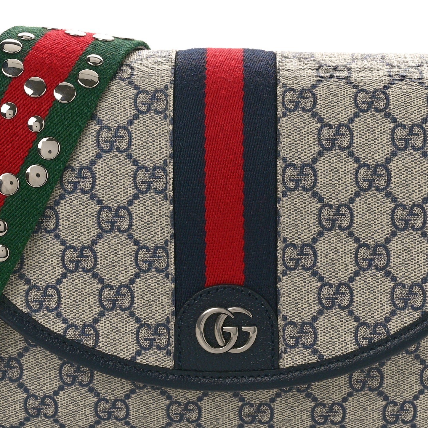 GG Supreme Monogram Textured Dollar Calfskin Web Studded Mini Ophidia Flap Shoulder Bag Beige Blue