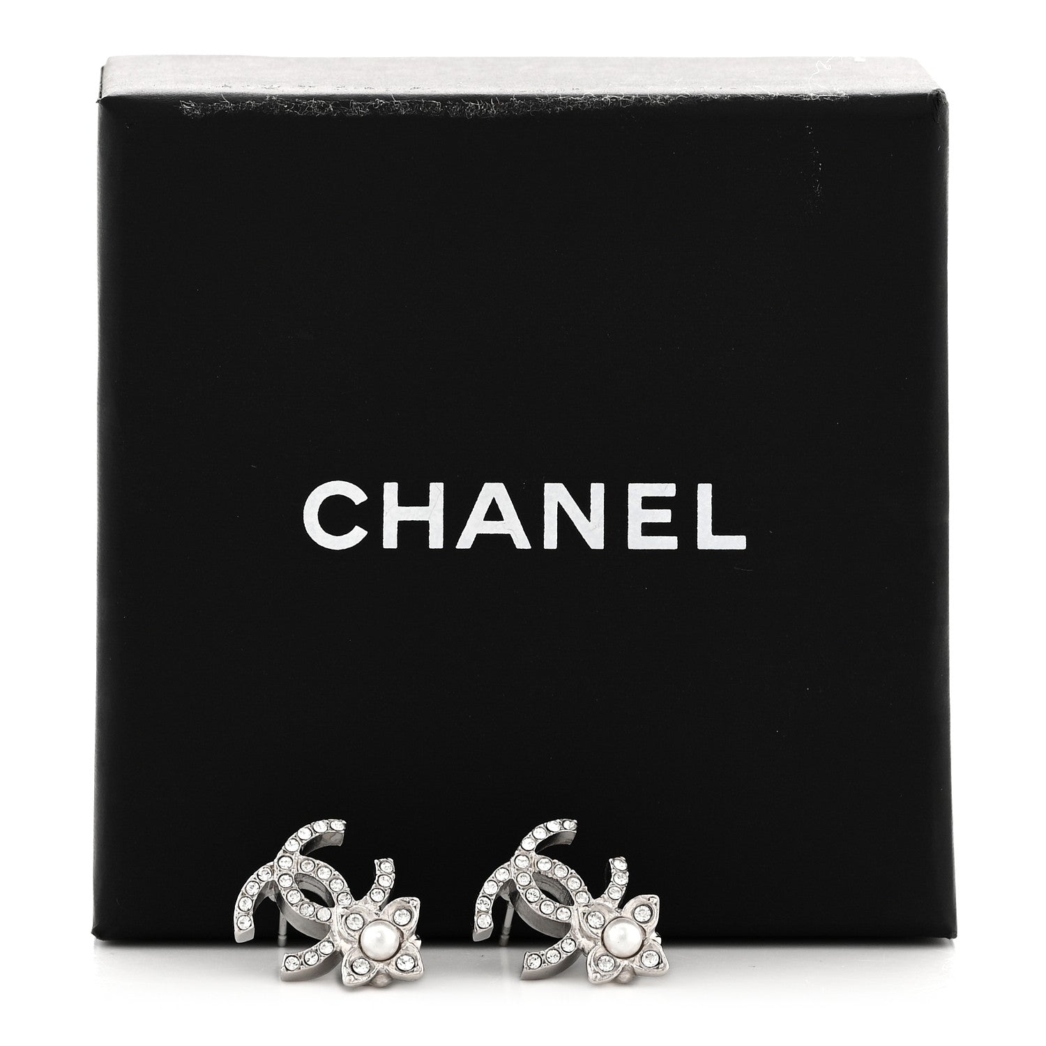 Chanel Crystal Pearl Flower CC Earrings Silver 5 of 5
