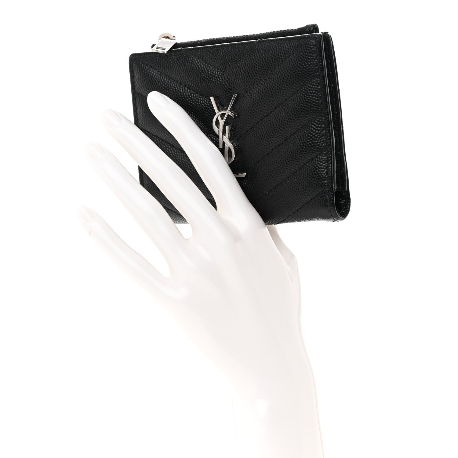 Saint Laurent Grain De Poudre Matelasse Chevron Monogram Zipped Card Case Black 2 of 10