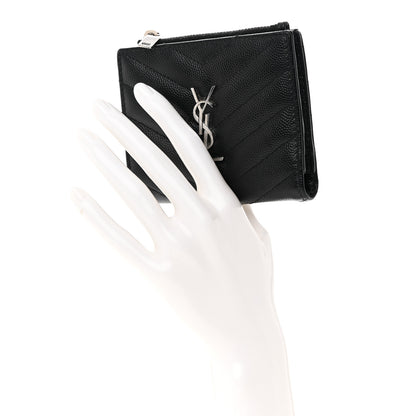 Saint Laurent Grain De Poudre Matelasse Chevron Monogram Zipped Card Case Black 2 of 10