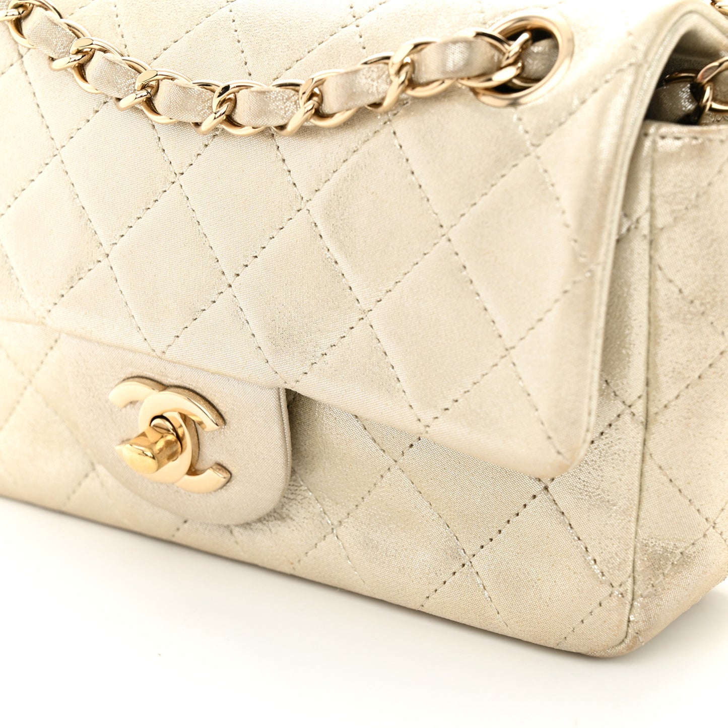 Iridescent Calfskin Quilted Mini Rectangular Flap Light Gold