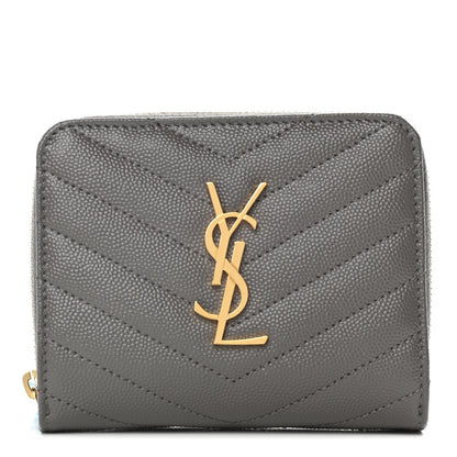 Saint Laurent Grain De Poudre Matelasse Chevron Monogram Compact Zip Around Wallet Fog 1 of 12