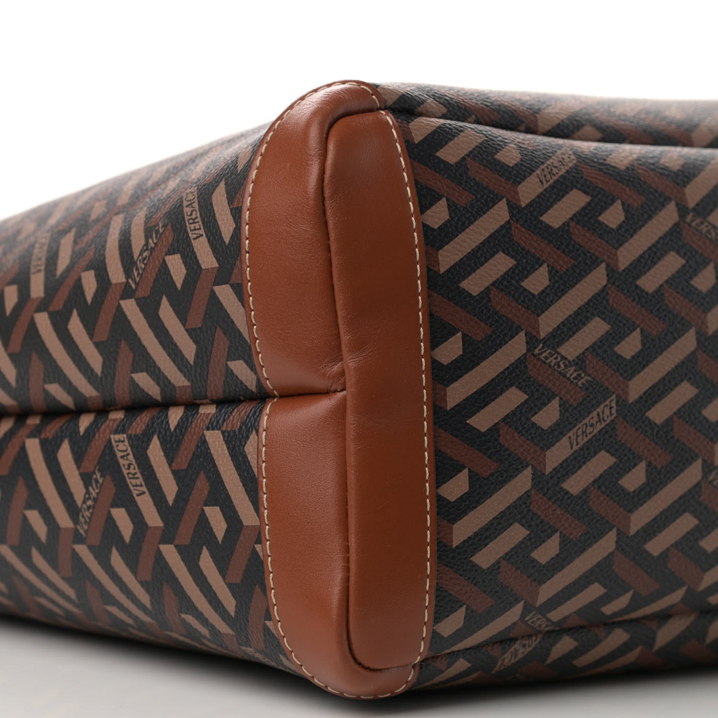 Coated Canvas Calfskin La Greca Signature Shopper Tote Bag Black Caramel