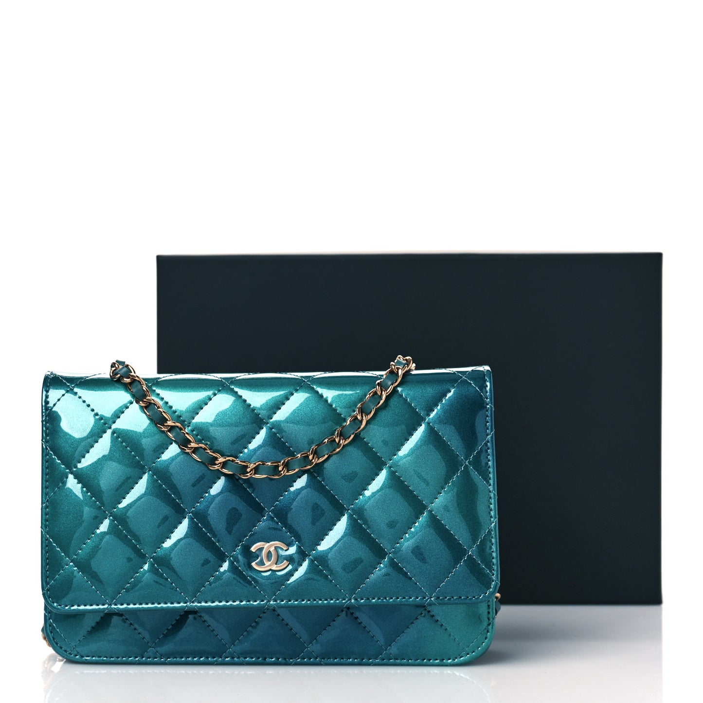 Shaded Patent Calfskin Quilted Wallet On Chain WOC Green Blue