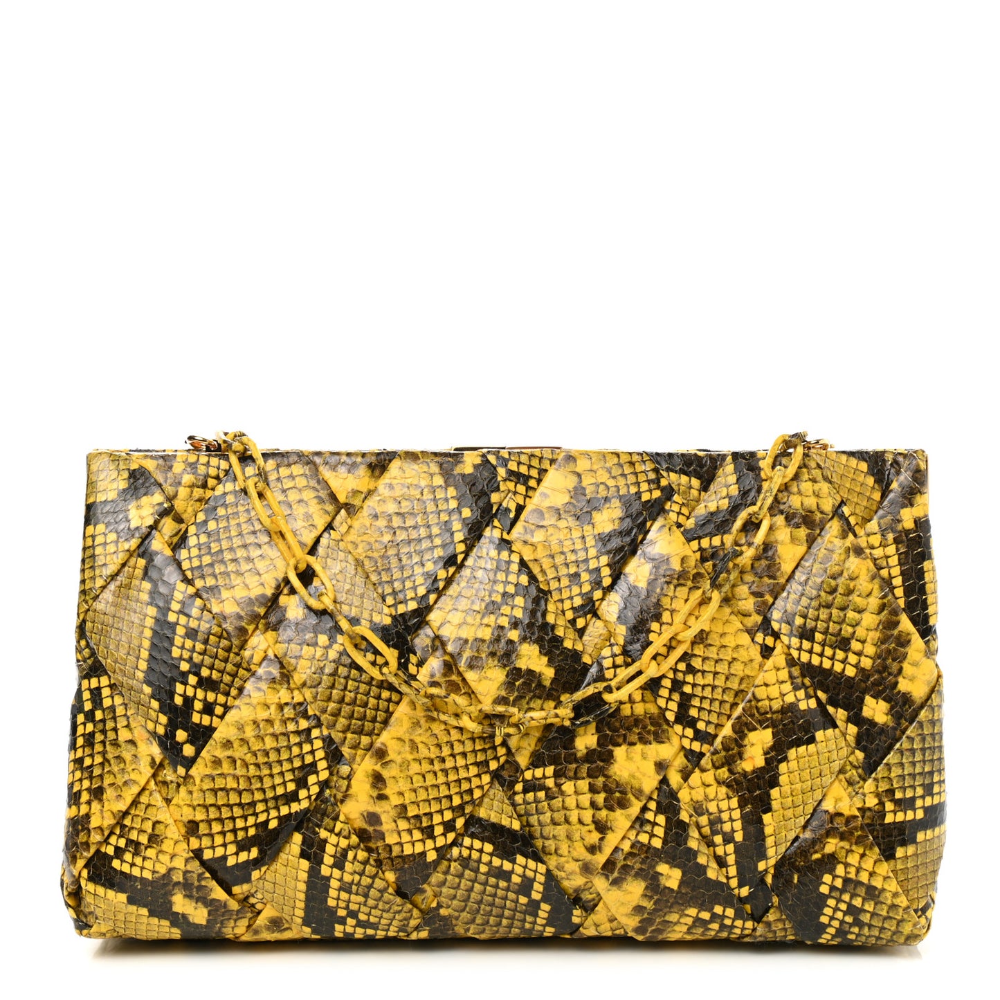 Snakeskin Woven Large Frame Chain Clutch Yellow