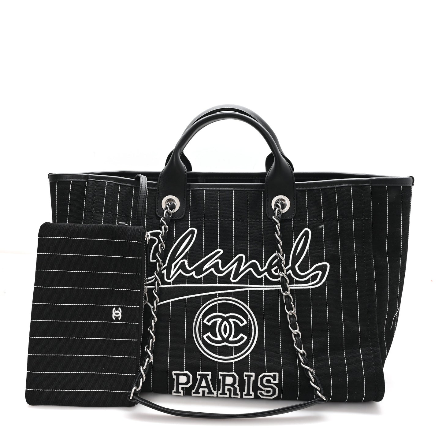 Canvas Calfskin Striped Medium Deauville Tote Black White