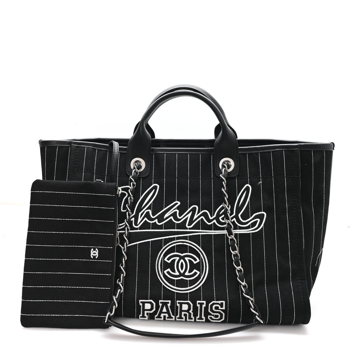 Chanel Canvas Calfskin Striped Medium Deauville Tote Black White 3 of 11