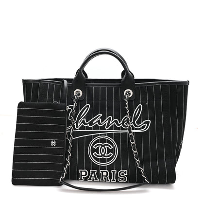 Chanel Canvas Calfskin Striped Medium Deauville Tote Black White 3 of 11