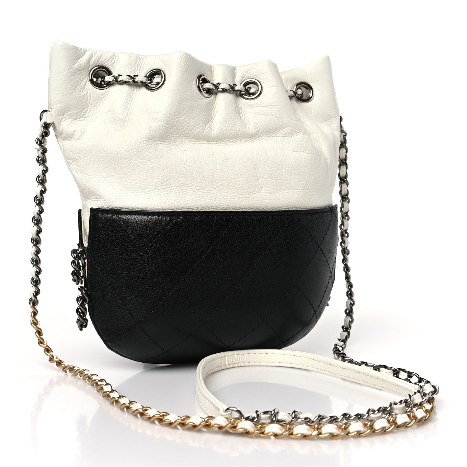 Chanel Aged Calfskin Quilted Small Gabrielle Bucket White Black 3 of 10