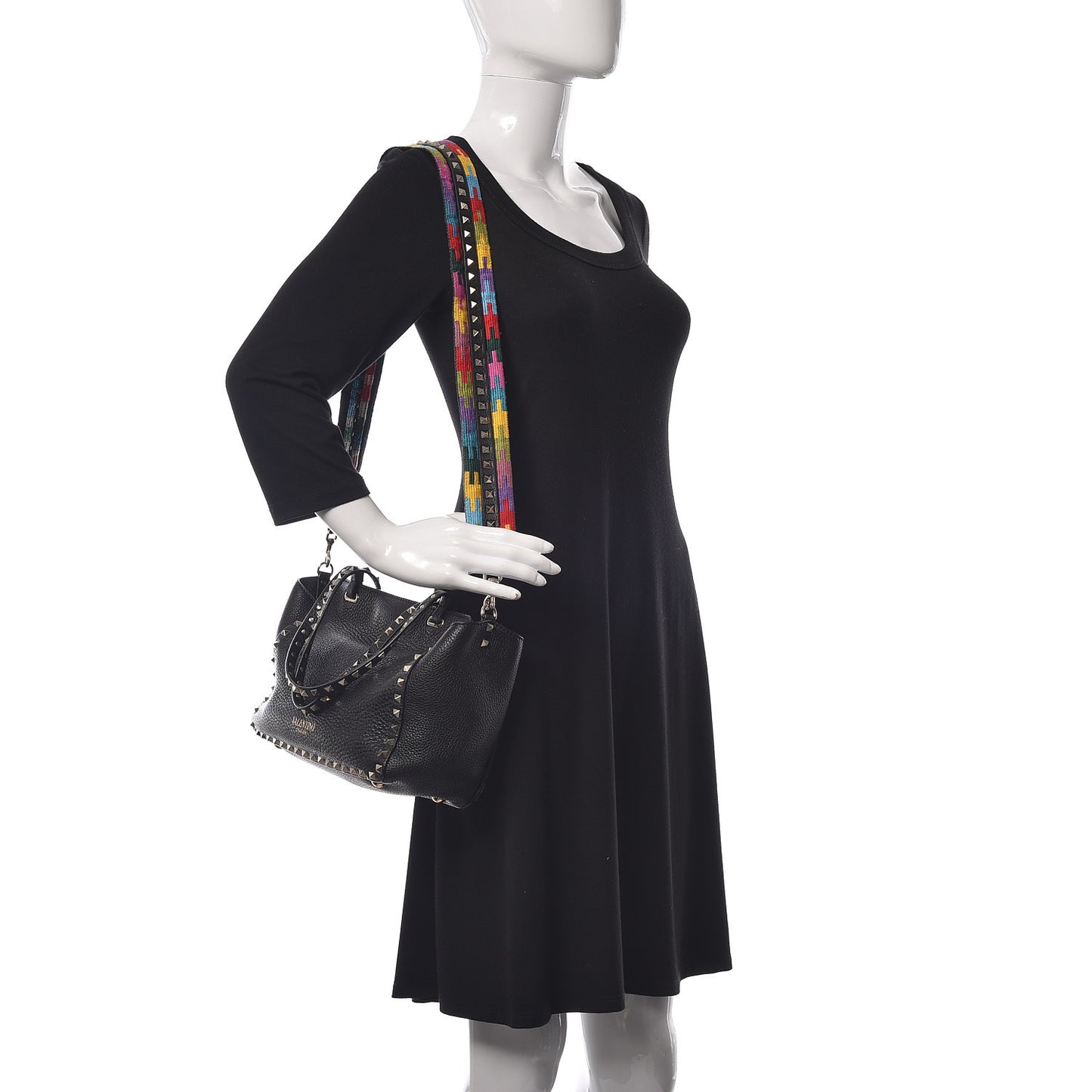 Grained Calfskin Embroidered Small Rockstud Rolling Tote Black