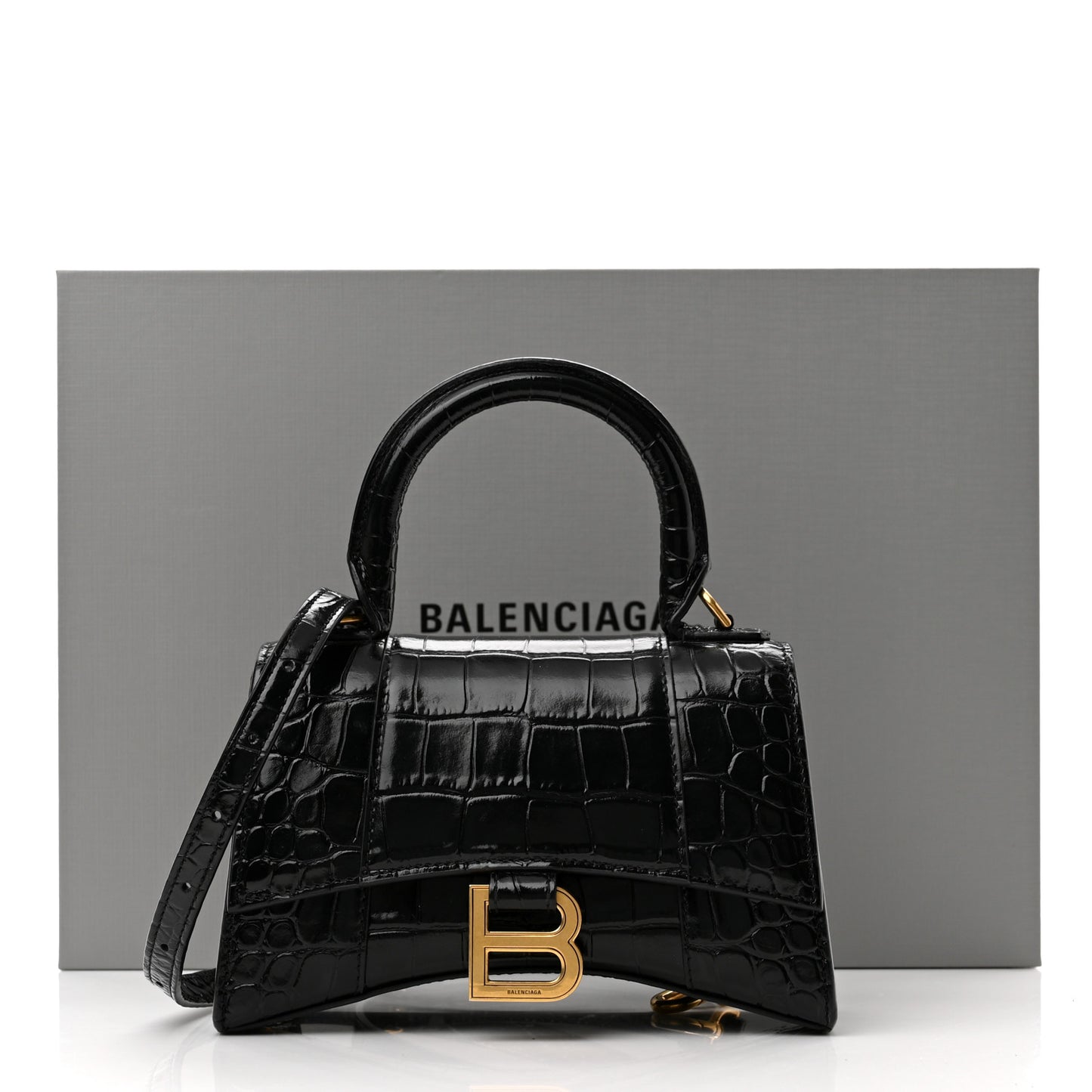 Shiny Calfskin Crocodile Embossed Hourglass Top Handle Bag XS Black