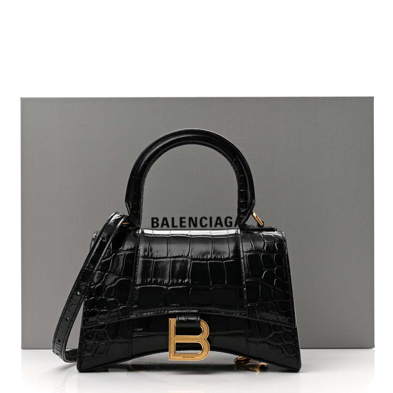 Balenciaga Shiny Calfskin Crocodile Embossed Hourglass Top Handle Bag XS Black 11 of 11