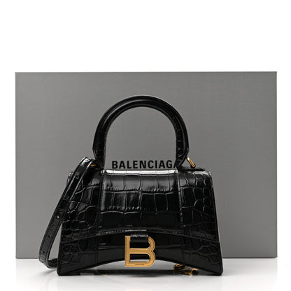 Balenciaga Shiny Calfskin Crocodile Embossed Hourglass Top Handle Bag XS Black 11 of 11