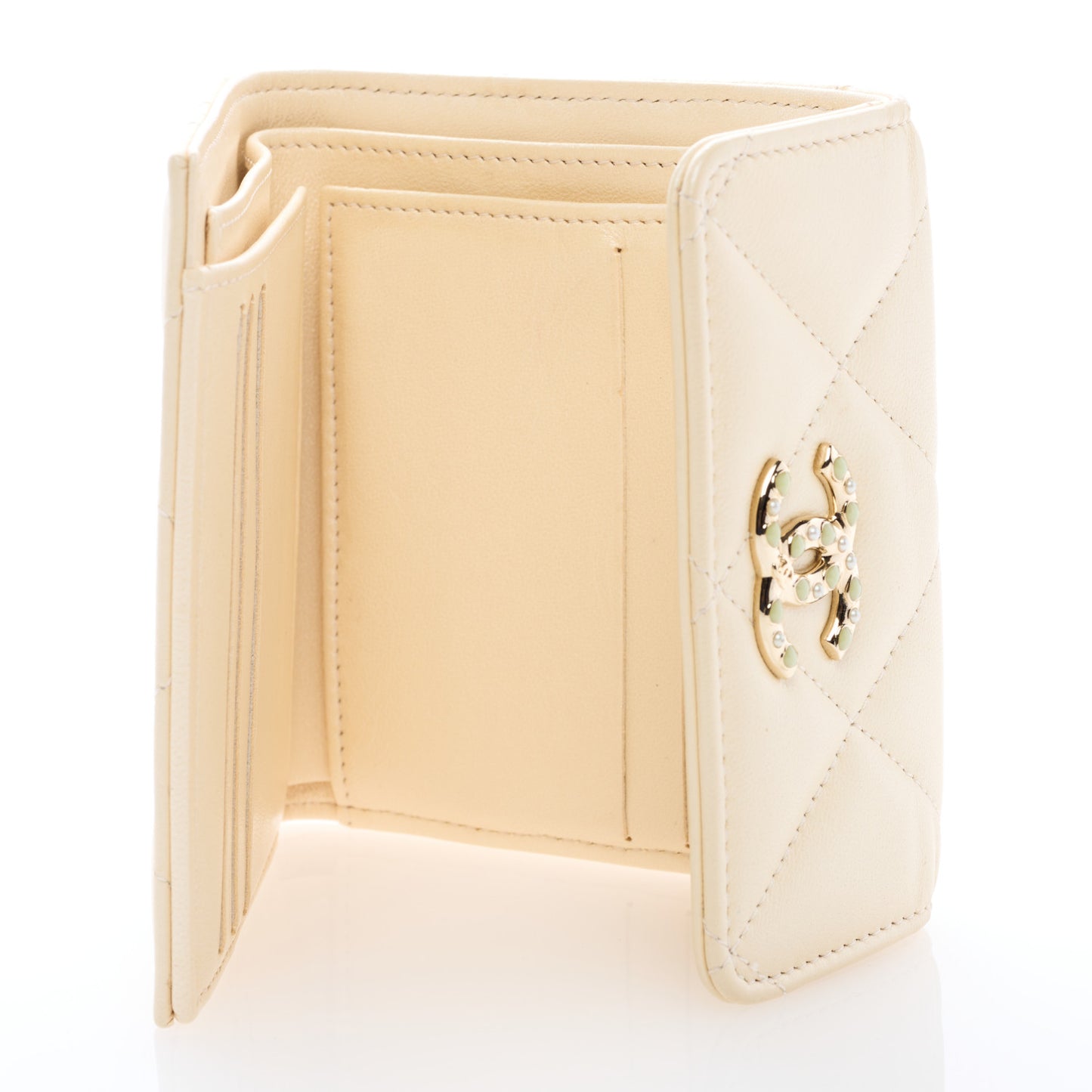 Iridescent Calfskin Quilted Compact Flap Wallet Beige
