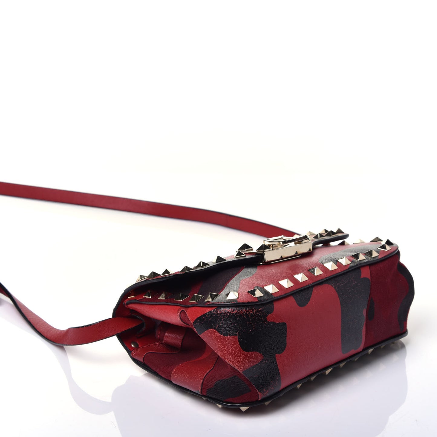 Nappa Canvas Camouflage Mini Rockstud Flap Saddle Crossbody Bag Red
