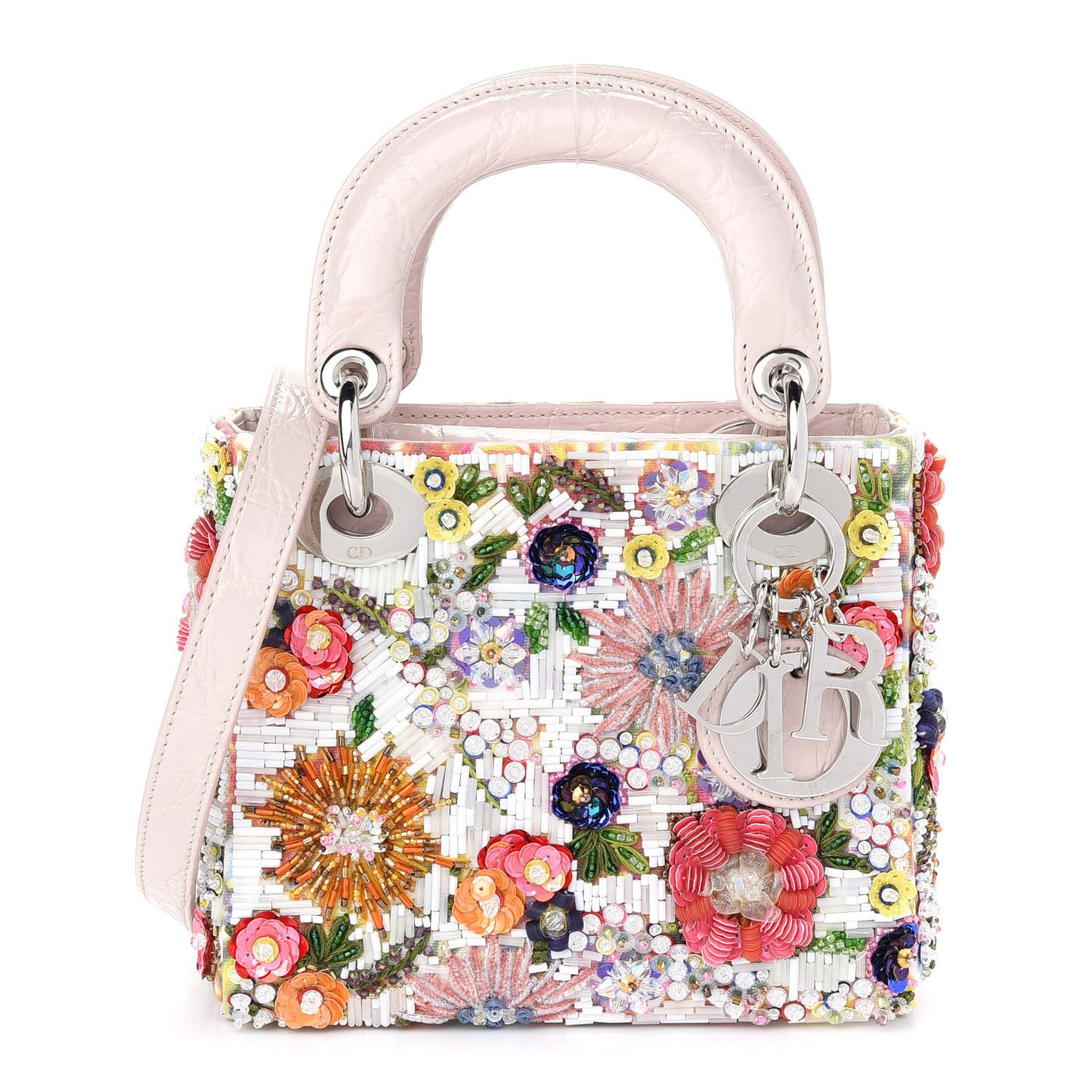 Calfskin Crocodile Embossed Beaded Floral Embroidered Mini Lady Dior Light Pink Multicolor