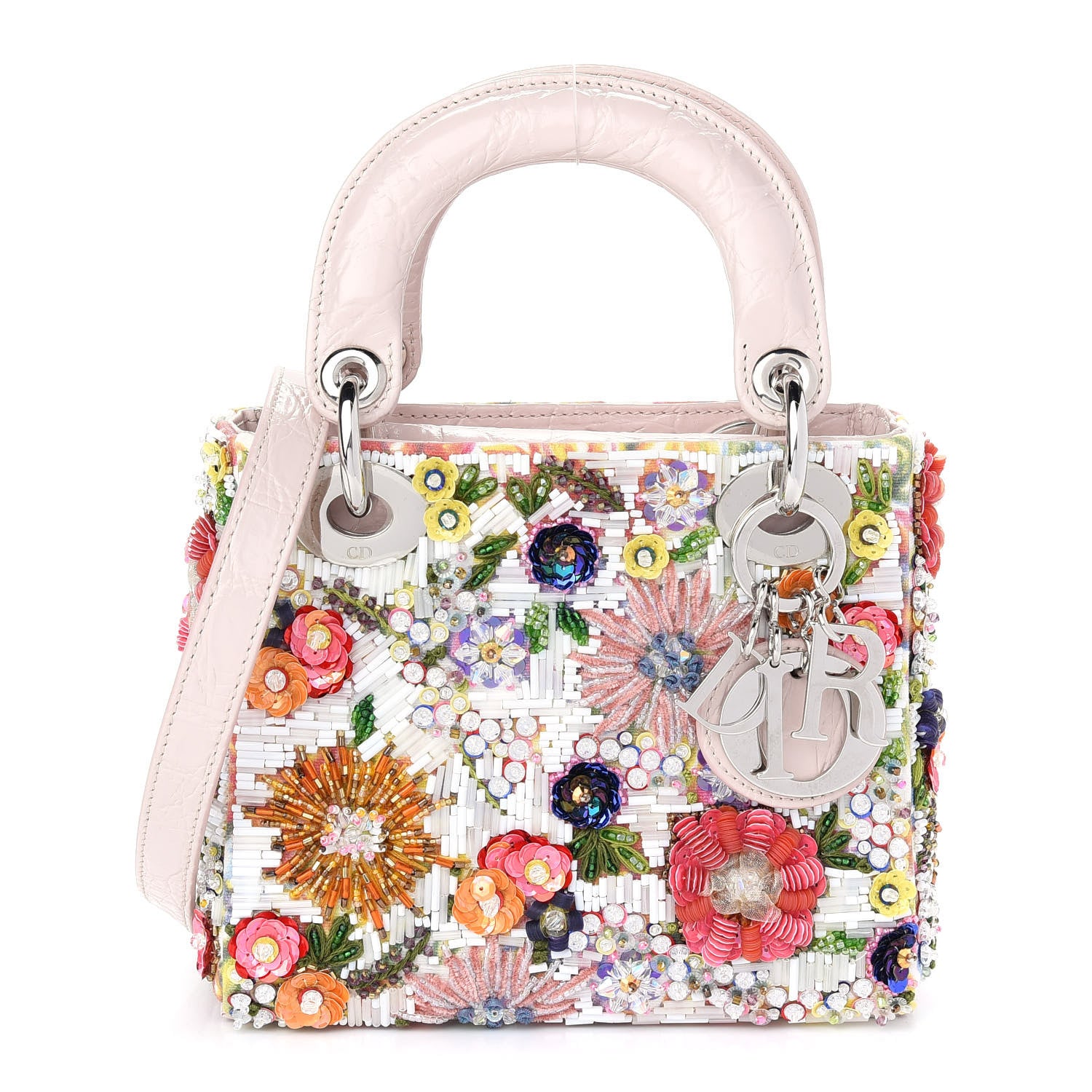 Christian Dior Calfskin Crocodile Embossed Beaded Floral Embroidered Mini Lady Dior Light Pink Multicolor 1 of 9