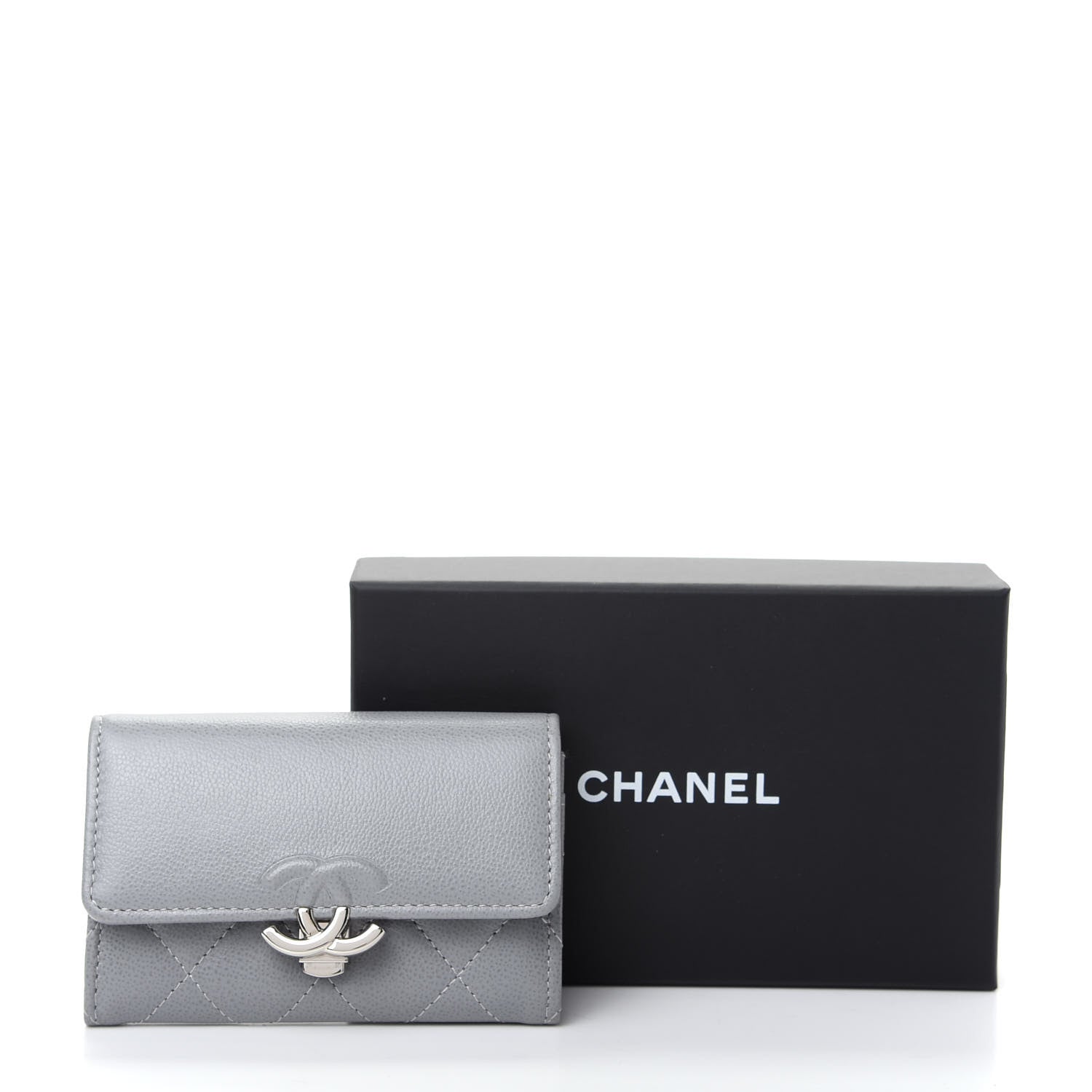 Chanel Grained Calfskin Quilted CC Box Flap Card Holder Grey 9 of 9
