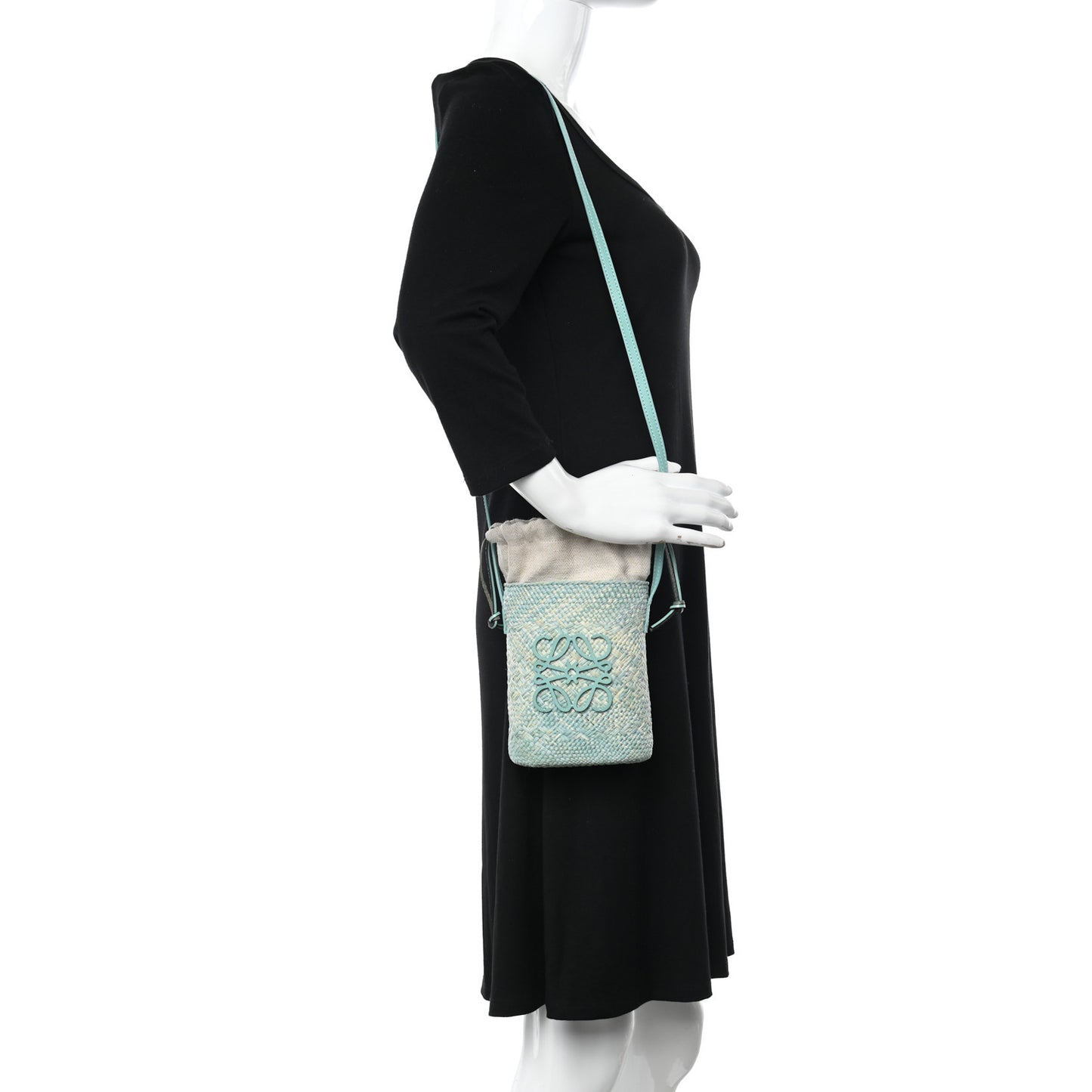 Iraca Palm Calfskin Anagram Square Pocket Bucket Bag Natural Fresh Mint