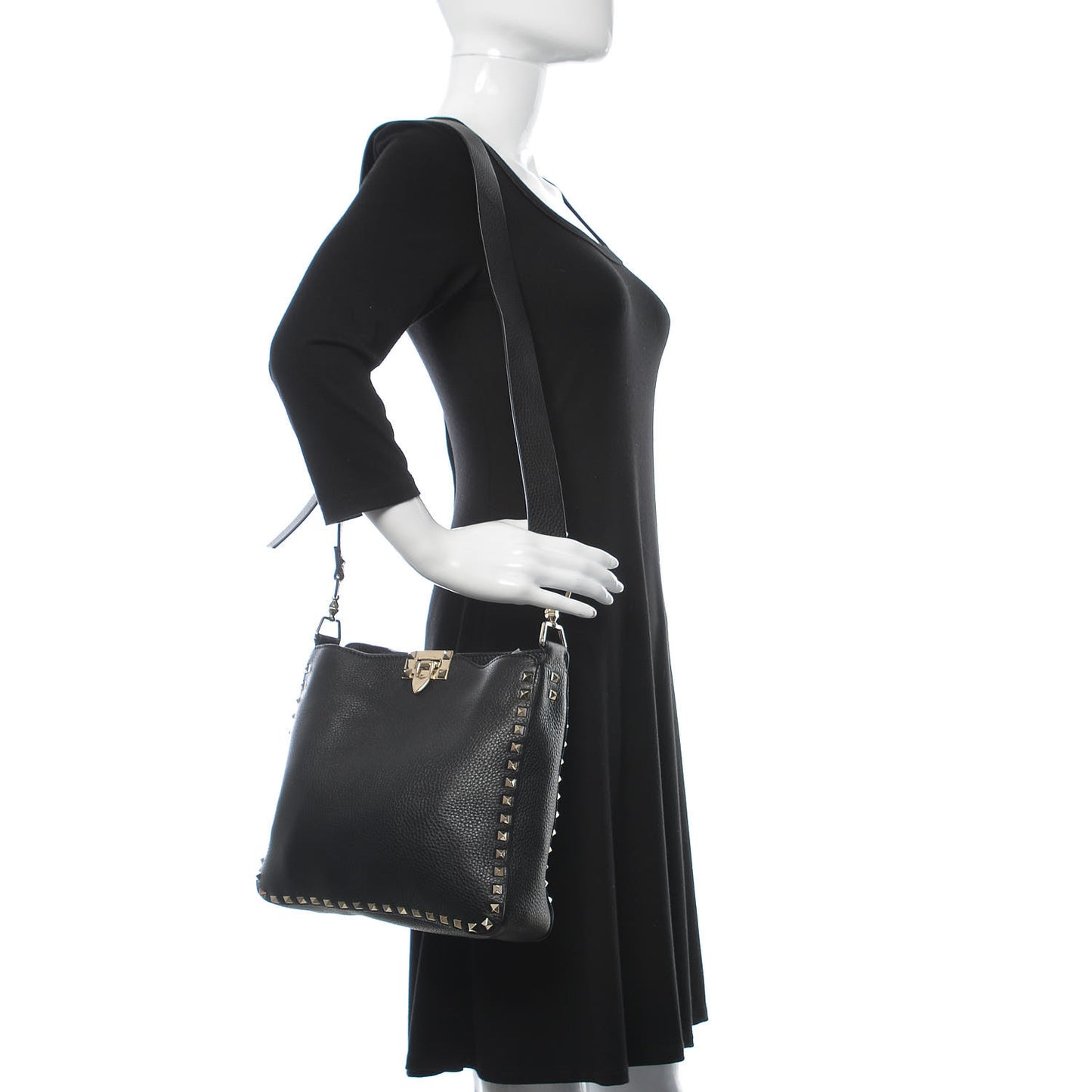 Pebbled Calfskin Small Rockstud Flip-Lock Messenger Bag Black