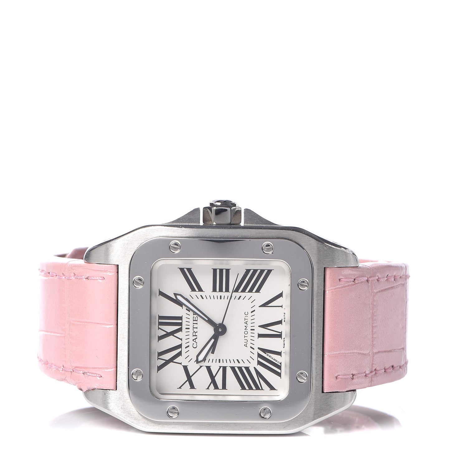 Stainless Steel Alligator 33mm Santos 100 Automatic Watch Pink