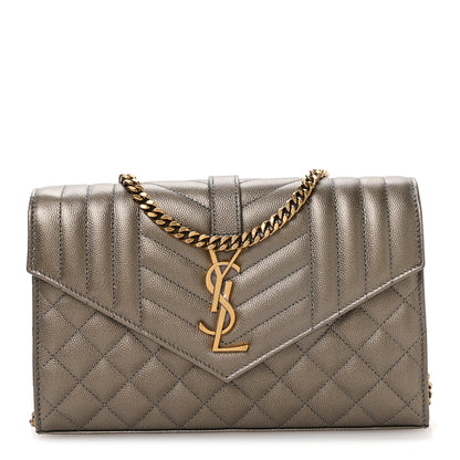 Saint Laurent Metallic Grain De Poudre Mixed Matelasse Triquilt Monogram Chain Wallet Piombo 1 of 11