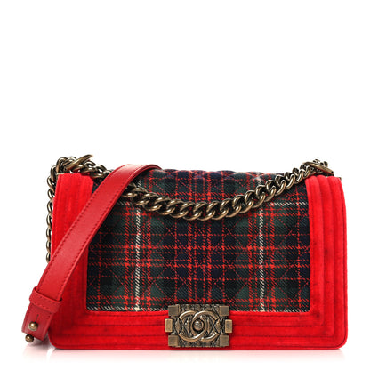 Chanel Velvet Plaid Tartan Quilted Medium Boy Flap Red 1 of 11