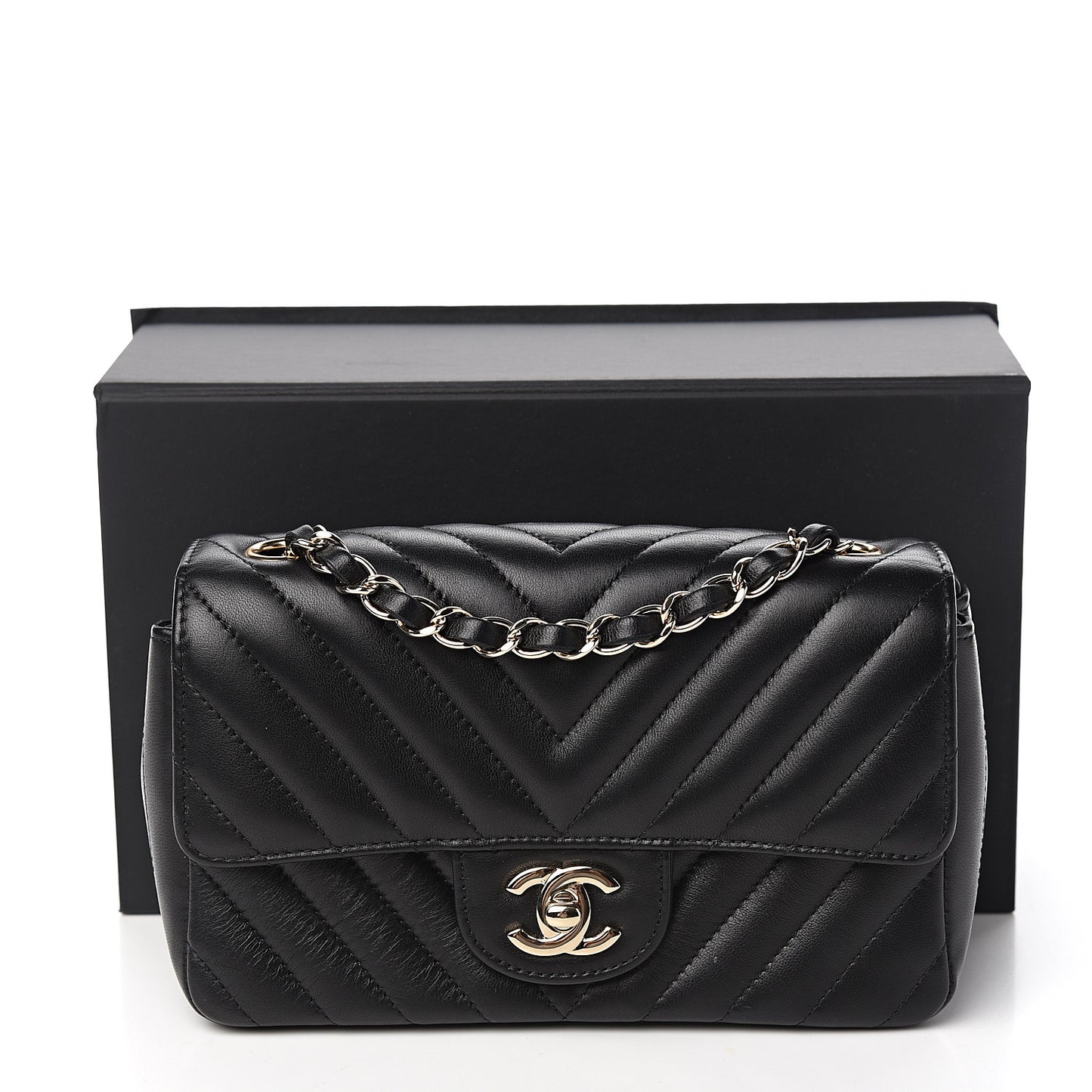 Lambskin Chevron Quilted Mini Rectangular Flap Black