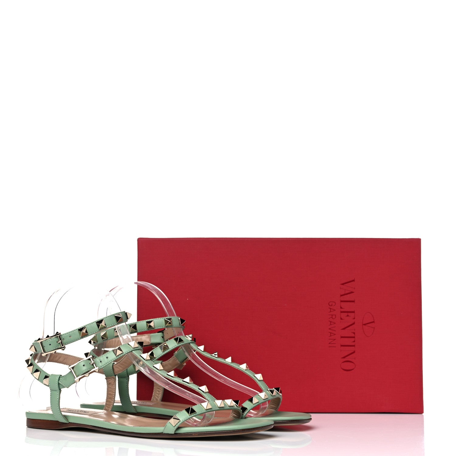 Valentino Garavani Calfskin Rockstud Ankle T-Strap Flat Sandals 39.5 Powder Green 13 of 13