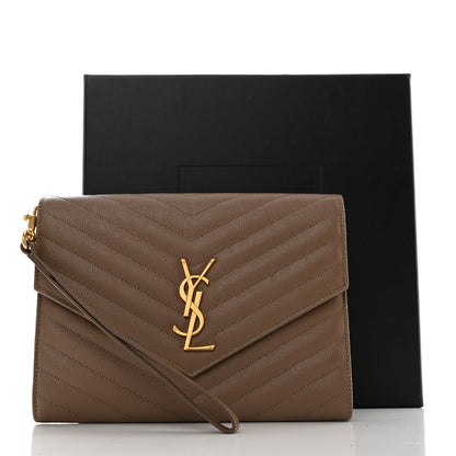 Saint Laurent Grain De Poudre Matelasse Chevron Monogram Cassandre Flap Pouch Taupe 8 of 8