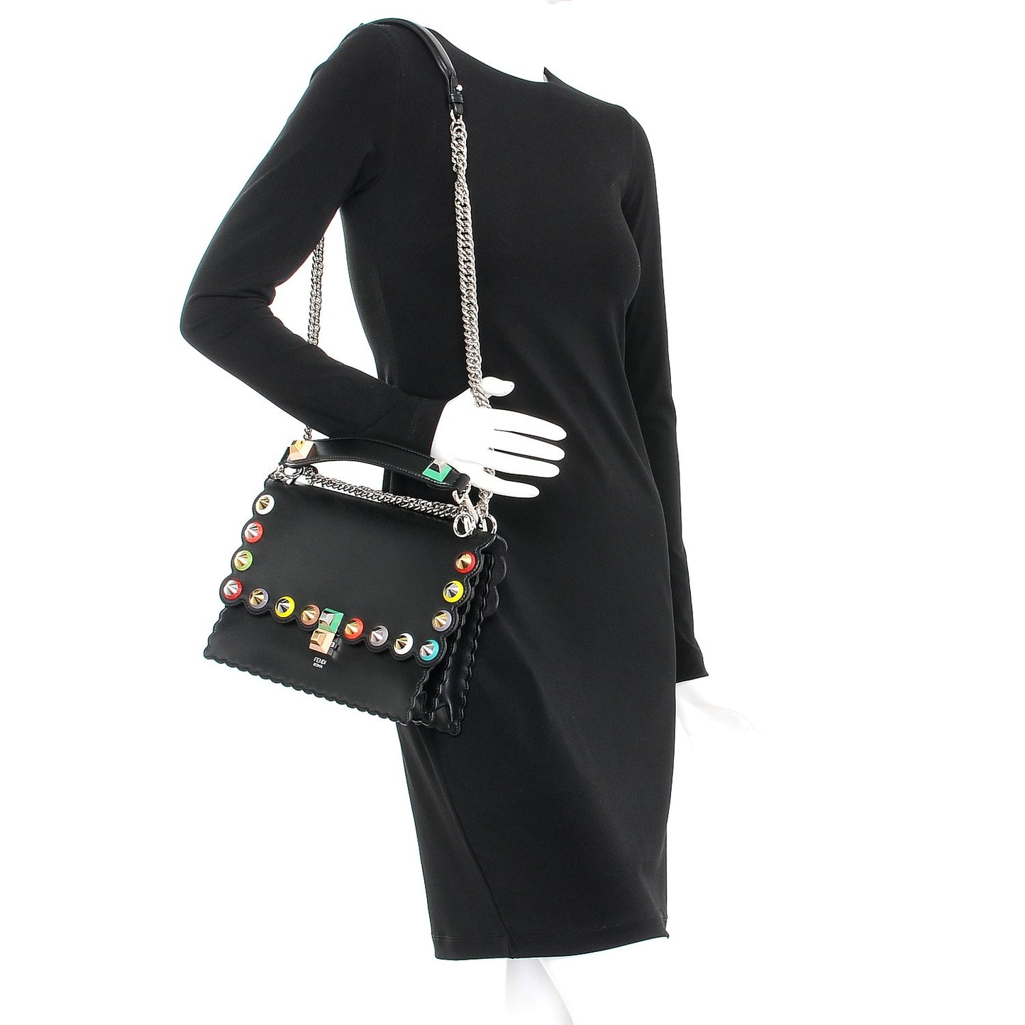 Vitello Liberty Scalloped Spike Studded Kan I Shoulder Bag Black Multicolor