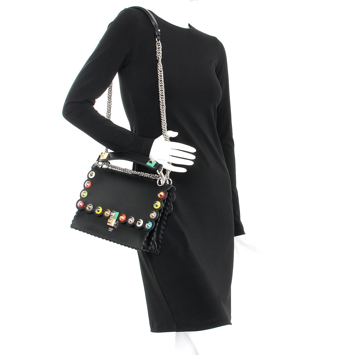 Fendi Vitello Liberty Scalloped Spike Studded Kan I Shoulder Bag Black Multicolor 2 of 7