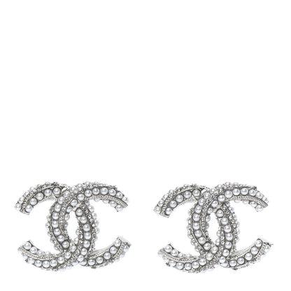 Chanel Pearl Crystal CC Earrings Silver 1 of 5