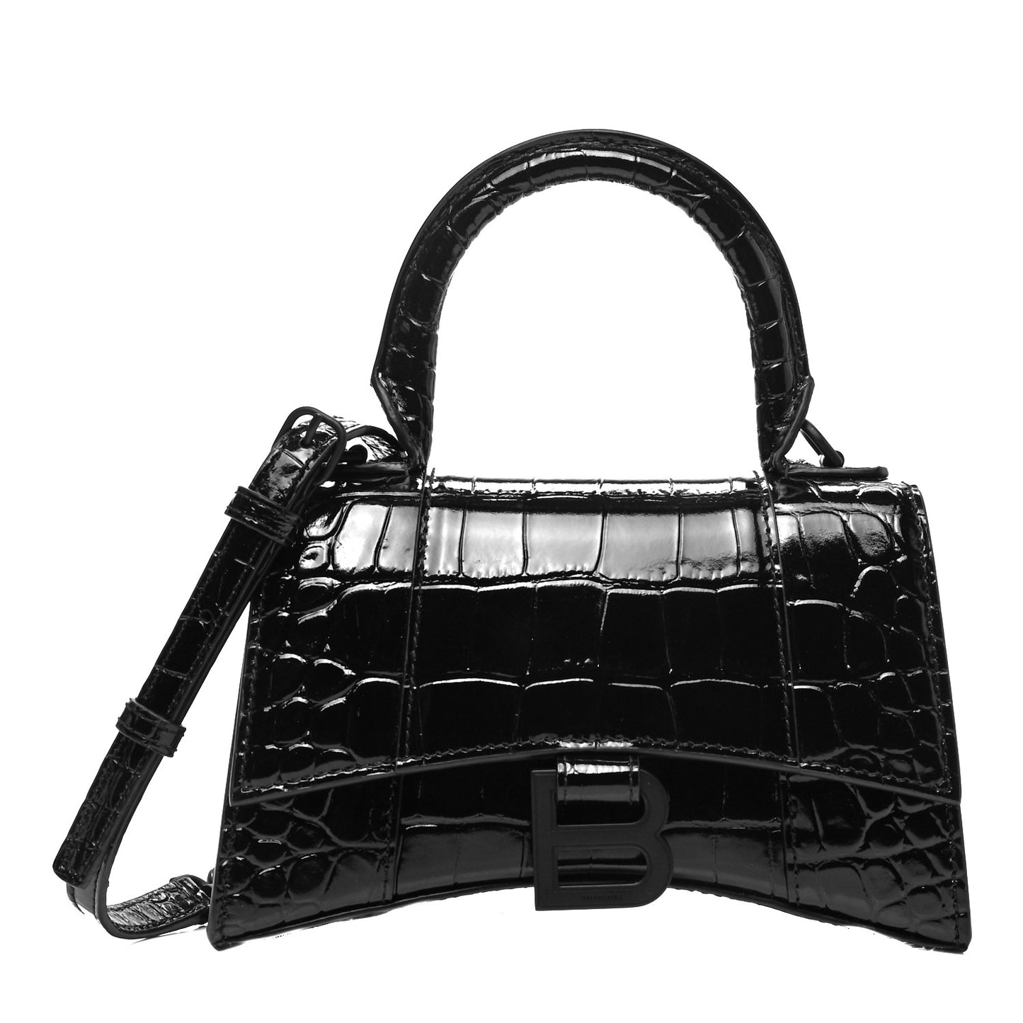 Shiny Calfskin Monochrome Crocodile Embossed Hourglass Top Handle Bag XS Black