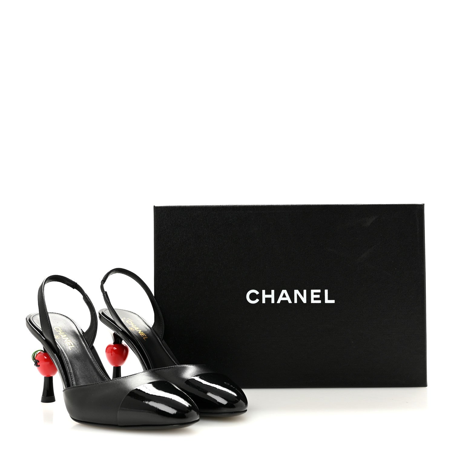 Chanel Lambskin Patent Cap Toe CC Apple Slingback Pumps 37 Black 10 of 10