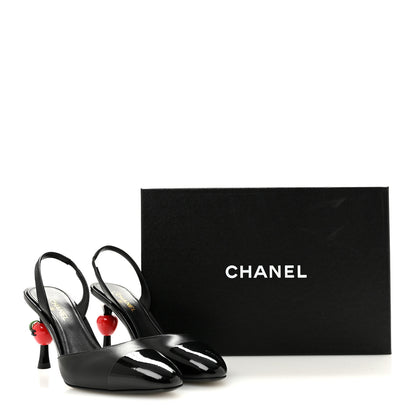 Chanel Lambskin Patent Cap Toe CC Apple Slingback Pumps 37 Black 10 of 10