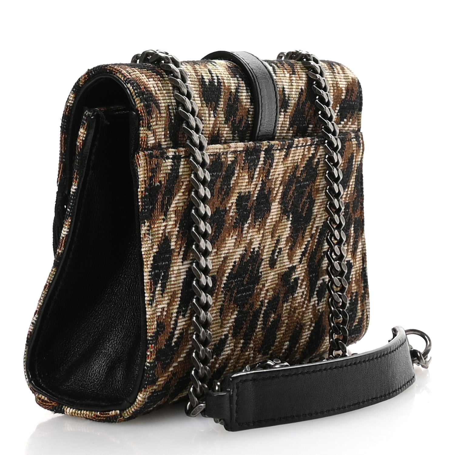 Saint Laurent Canvas Leopard Print Fringe Baby Monogram Satchel Black Multicolor 3 of 10