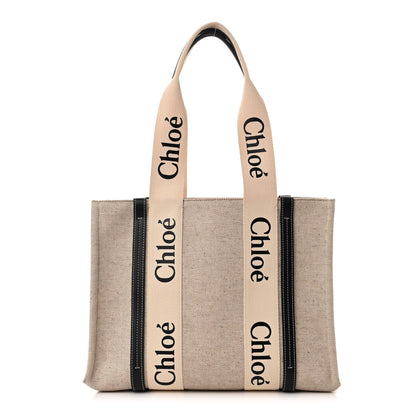 Chloe Cotton Calfskin Medium Woody Ribbon Tote White Black 1 of 9