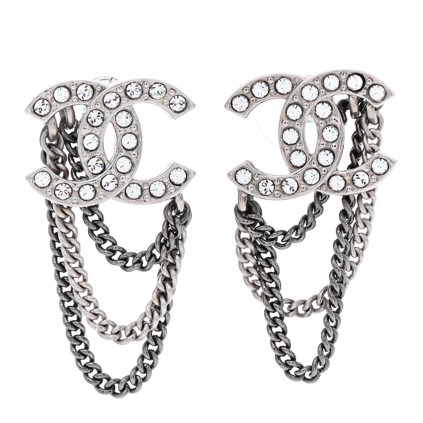 Crystal Chain CC Earrings Silver
