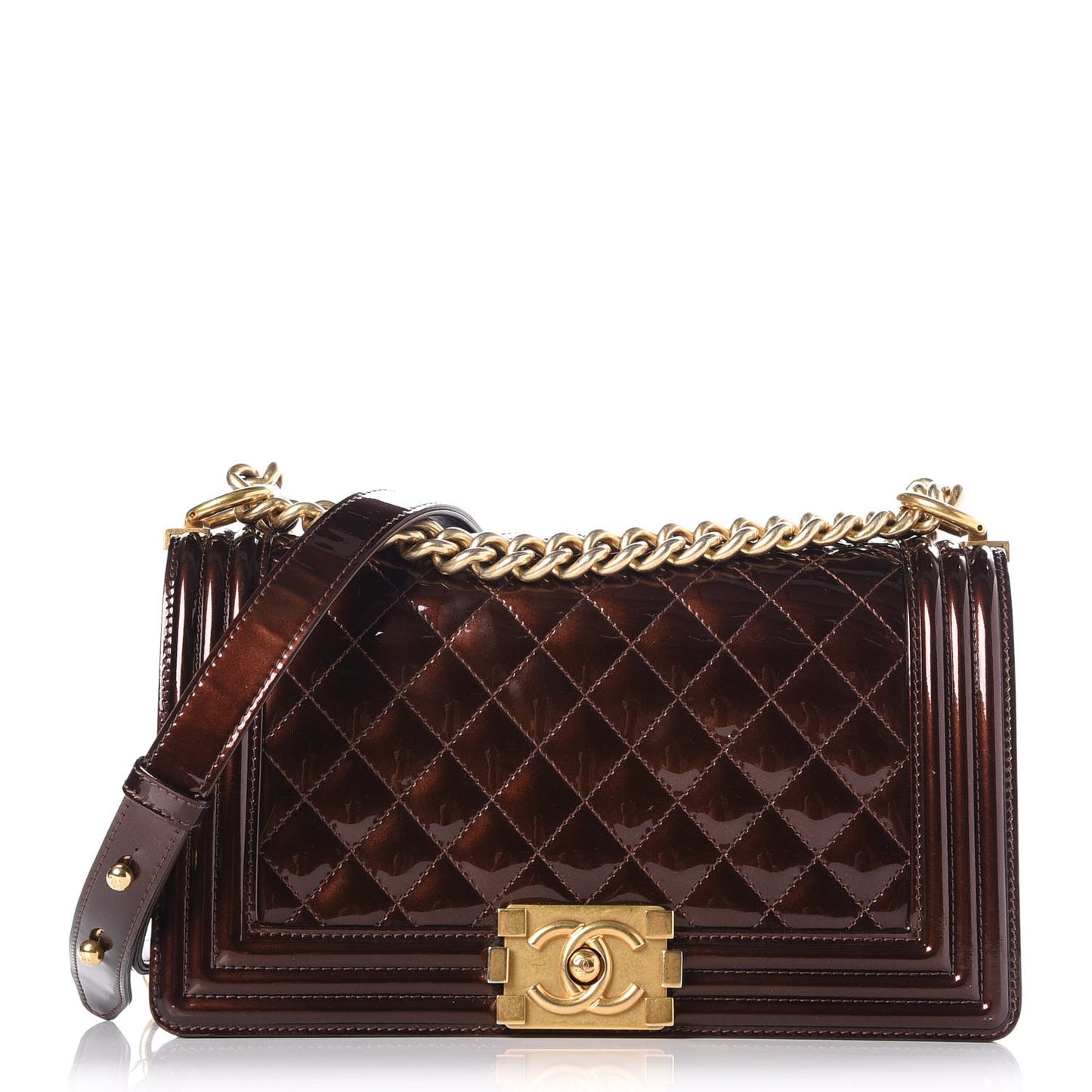 Metallic Patent Calfskin Quilted Medium Boy Flap Brown