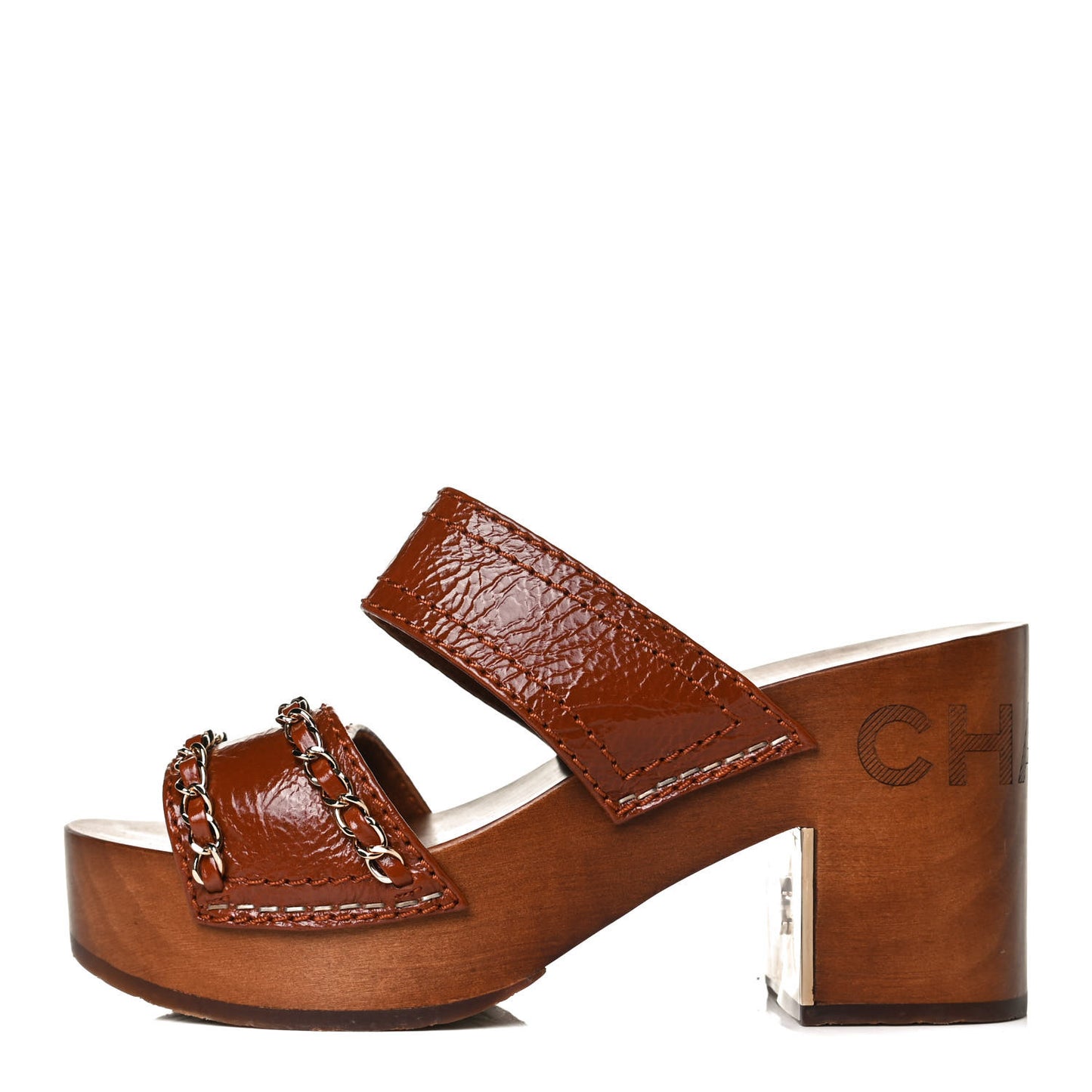 Glazed Calfskin Wood Chain Sandals 36 Brown