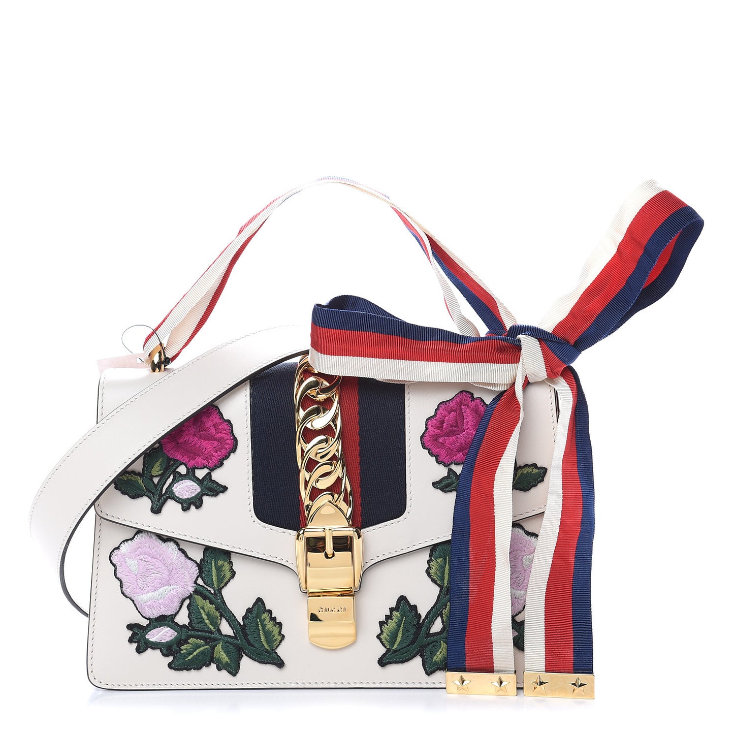 Calfskin Embroidered Small Sylvie Shoulder Bag White