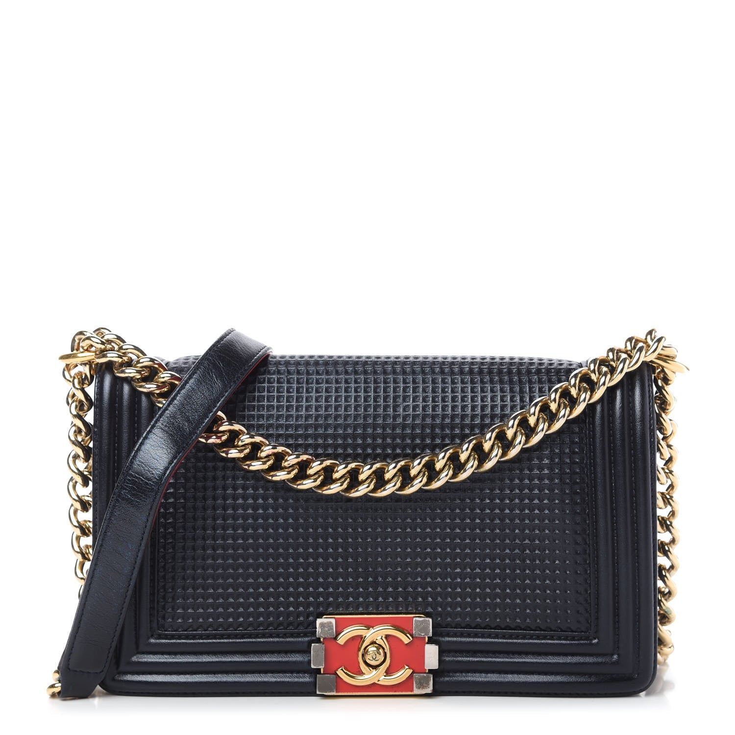 Chanel Lambskin Embossed Medium Boy Cube Flap Navy 1 of 10
