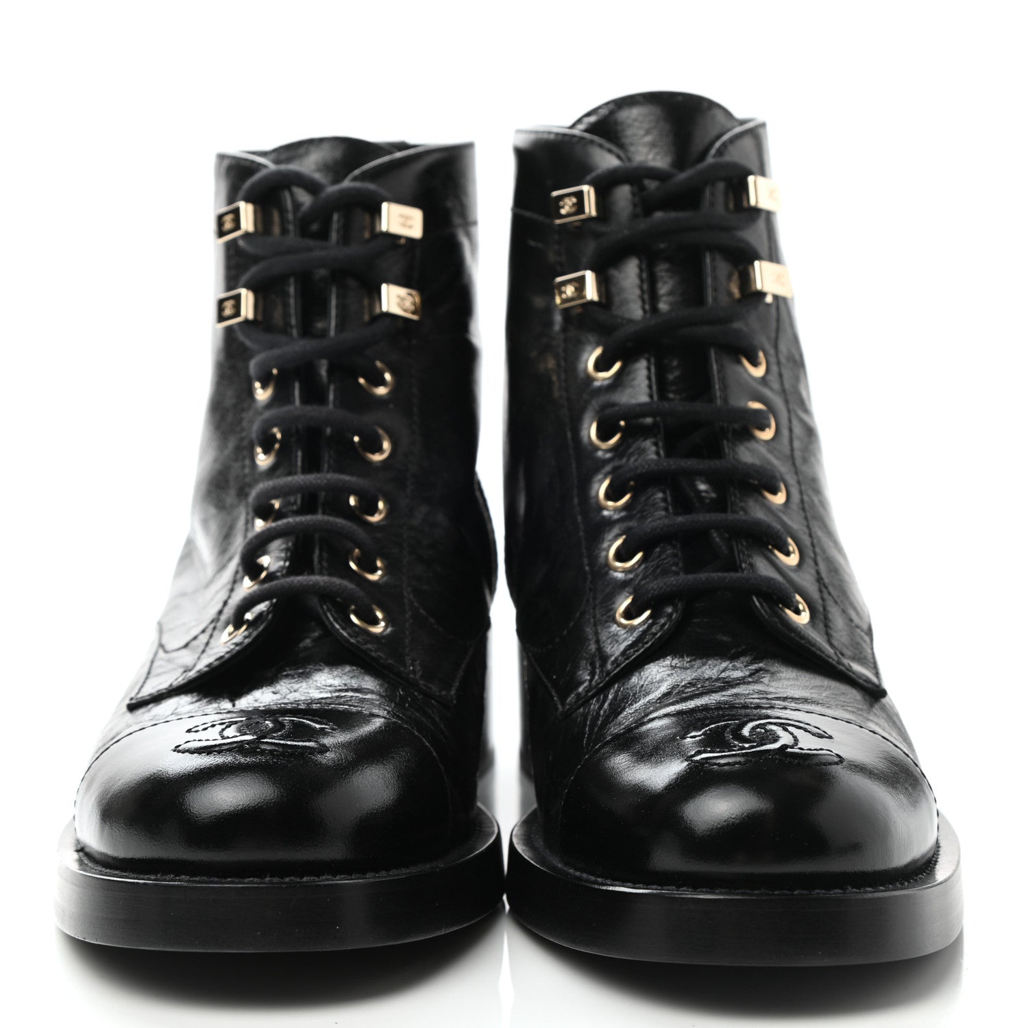 Chanel Crumpled Lambskin Shiny Calfskin Lace Up Combat Boots 36 Black 2 of 10