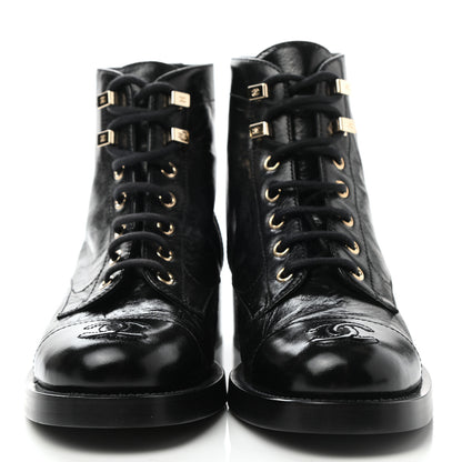 Chanel Crumpled Lambskin Shiny Calfskin Lace Up Combat Boots 36 Black 2 of 10