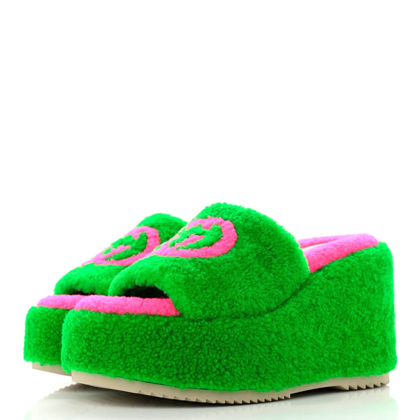Shearling Interlocking G Womens Elea Platform Slide Wedge Sandals 38 Green Fluo Fuxia Fluo