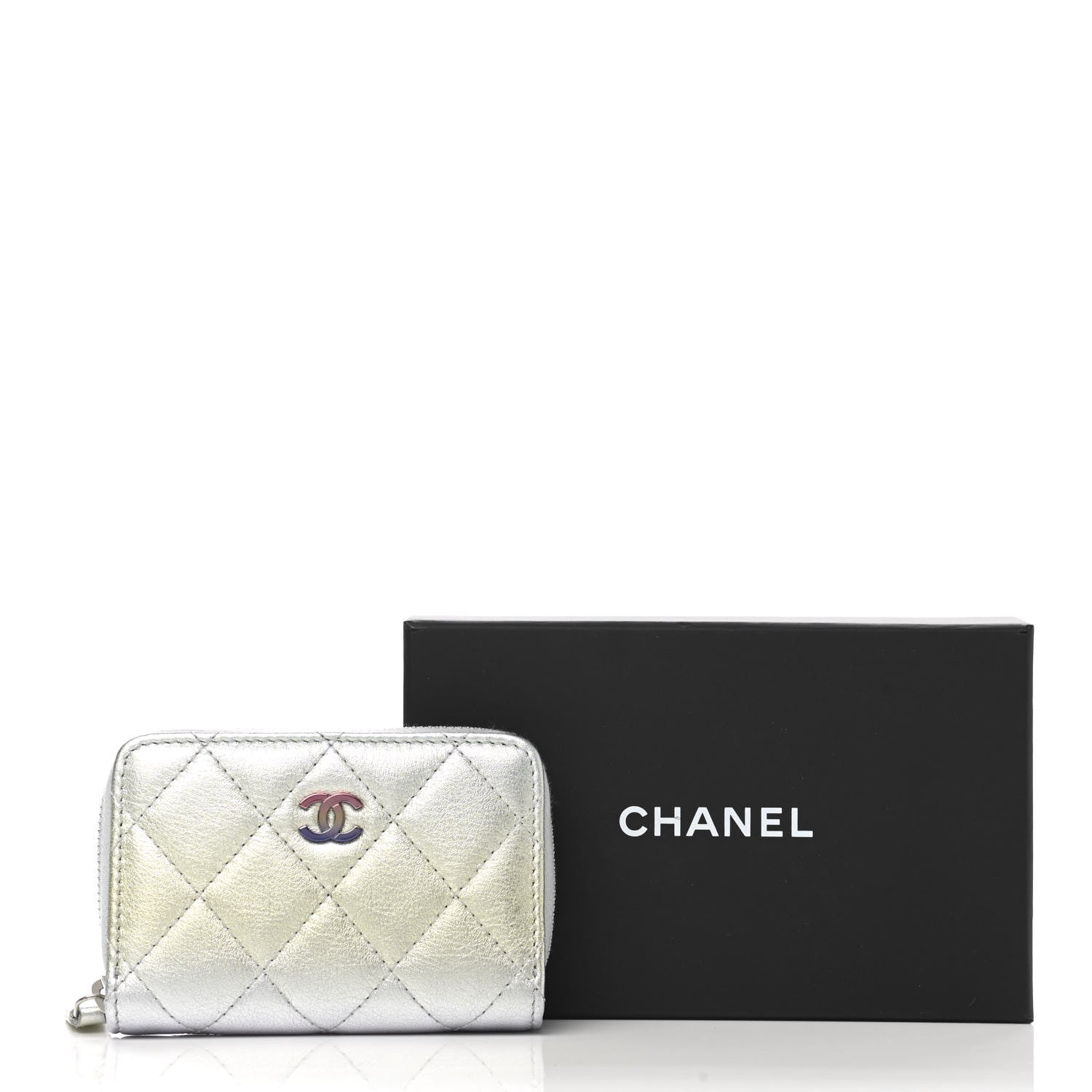 Chanel Gradient Metallic Calfskin Quilted Zip Around Coin Purse Wallet Silver Blue Yellow Purple 8 of 8