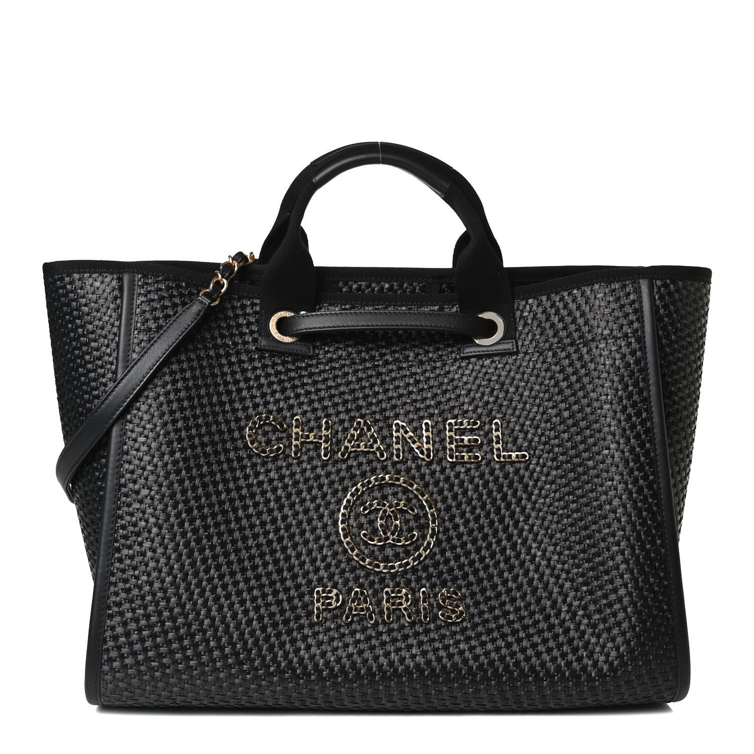 Chanel Straw Raffia Calfskin Chain Medium Deauville Tote Black 1 of 15